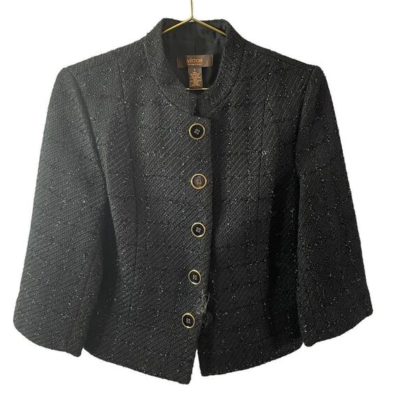 Victor Victor Alfaro Black Wool Blend Metallic Button Up Blazer Size 4 - Picture 1 of 10